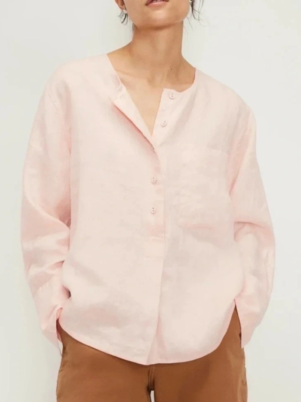 Everlane Pink Linen Long Sleeve Popover Top Sz 6